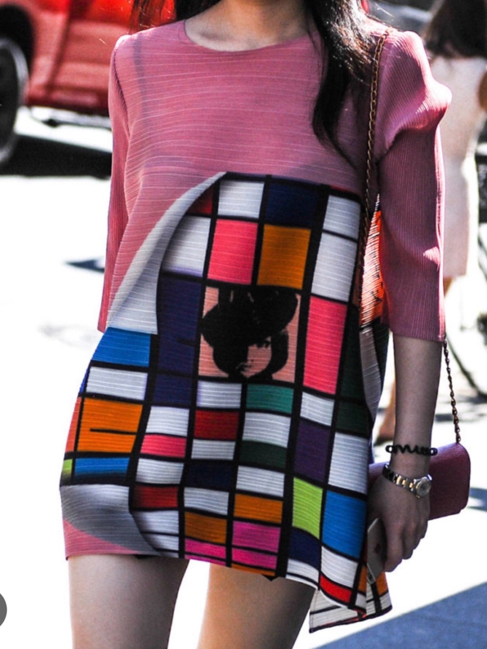 ONS Clothing Colorblock Pink Shift Dress with Graphic Mosaic Panel PTP 20”